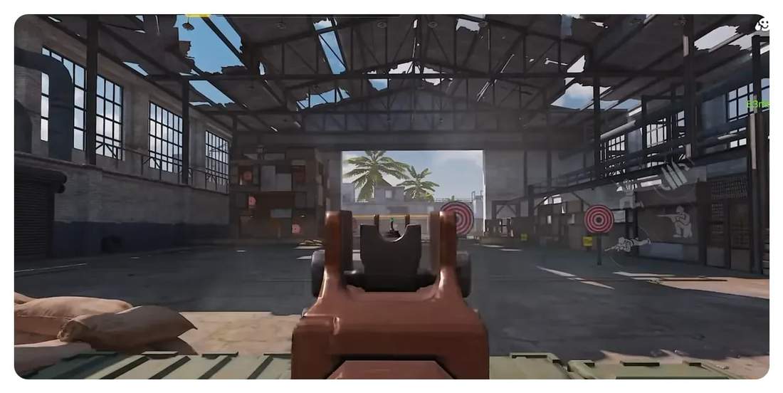 Training range view through AGR iron sight with subtitle 'is cluttered and shaky'
