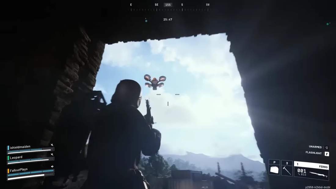 Player silhouette aiming upward at a hovering ARC drone against a bright sky in Arc Raiders