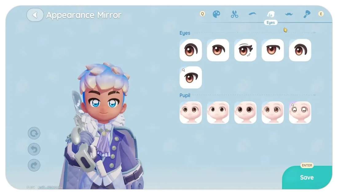 Appearance Mirror UI showing eye and pupil selection with a clear front-facing character preview and Save button