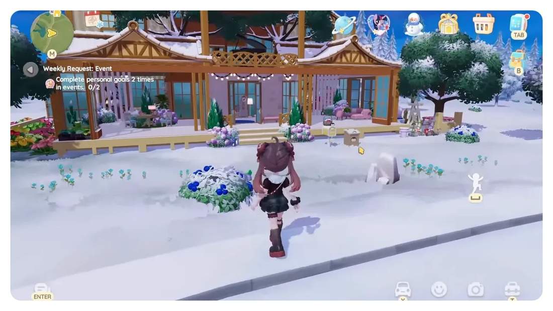 Player avatar walking toward a wood-framed cottage porch in snowy Heartopia with flowerbeds and trees