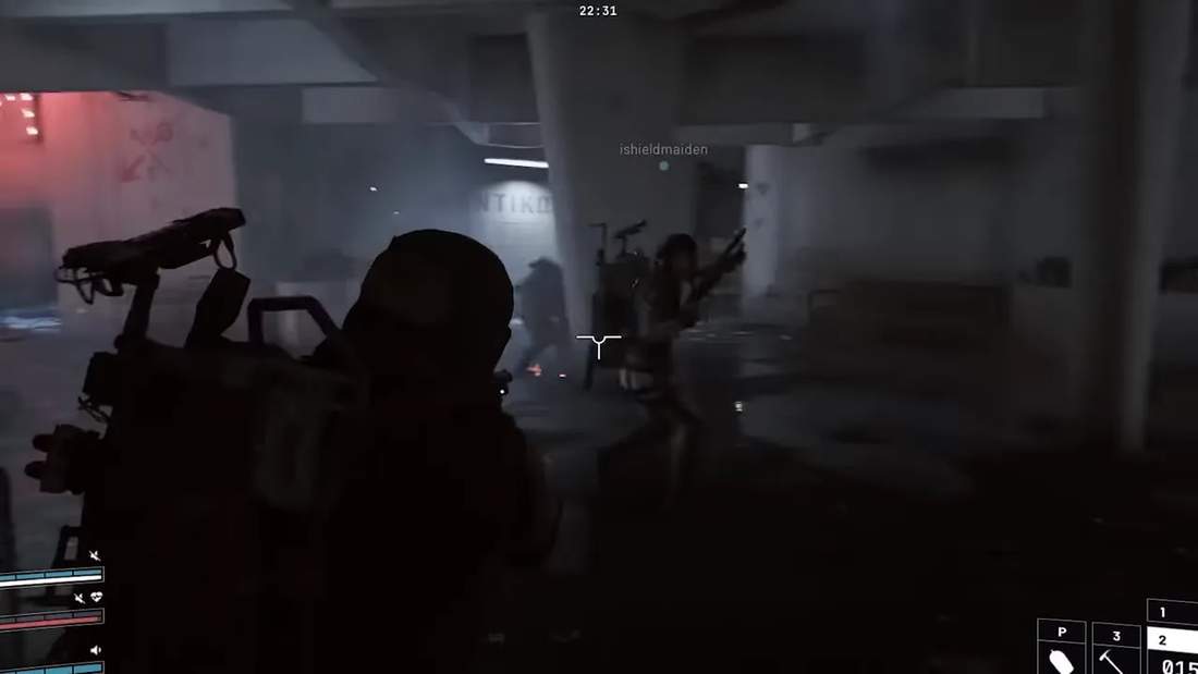 dark Arc Raiders gameplay screenshot showing teammates and crosshair in an underground area