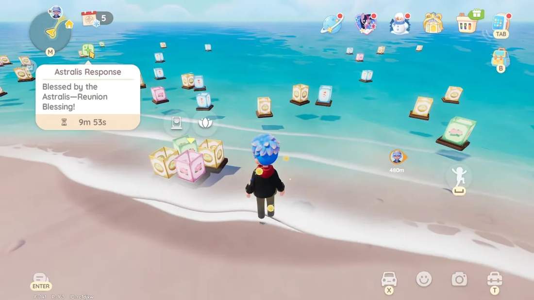 In-game Astralis Reunion blessing popup reading 'Blessed by the Astralis&mdash;Reunion Blessing' with a countdown timer over the character at Amethyst Beach