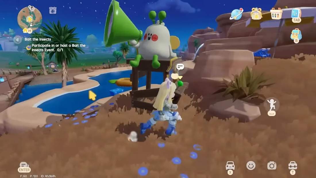 Heartopia screenshot showing the 'Bait the Insects' event objective on-screen with the player approaching the insect device