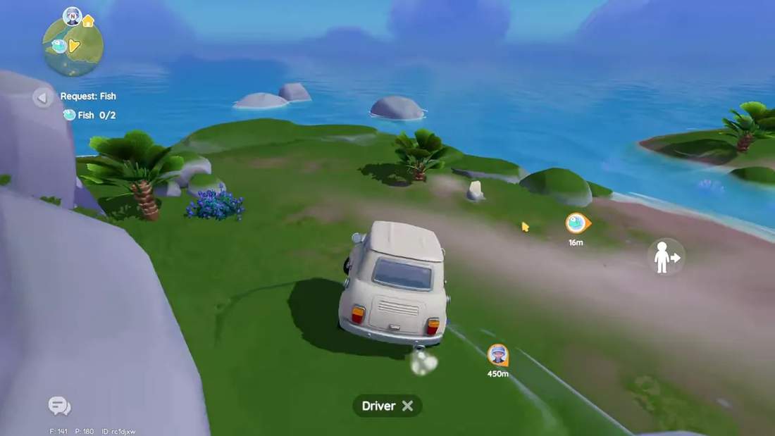 Car on grassy cliff overlooking the beach with a Starfall Shard marker near the shoreline