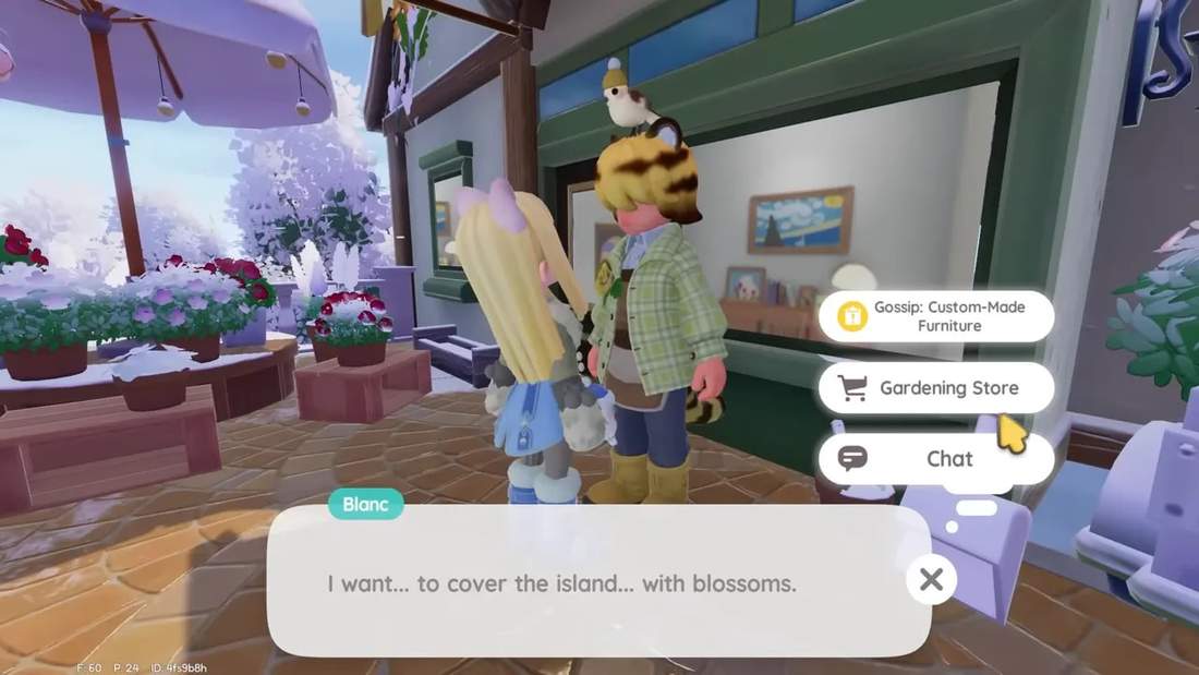 Player interacting with gardening mentor Blanc showing Gardening Store menu and dialogue about covering the island with blossoms
