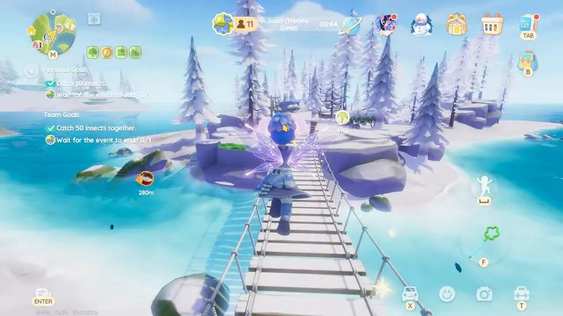 Player running across a rope bridge toward a snowy truffle island and beach in Heartopia.
