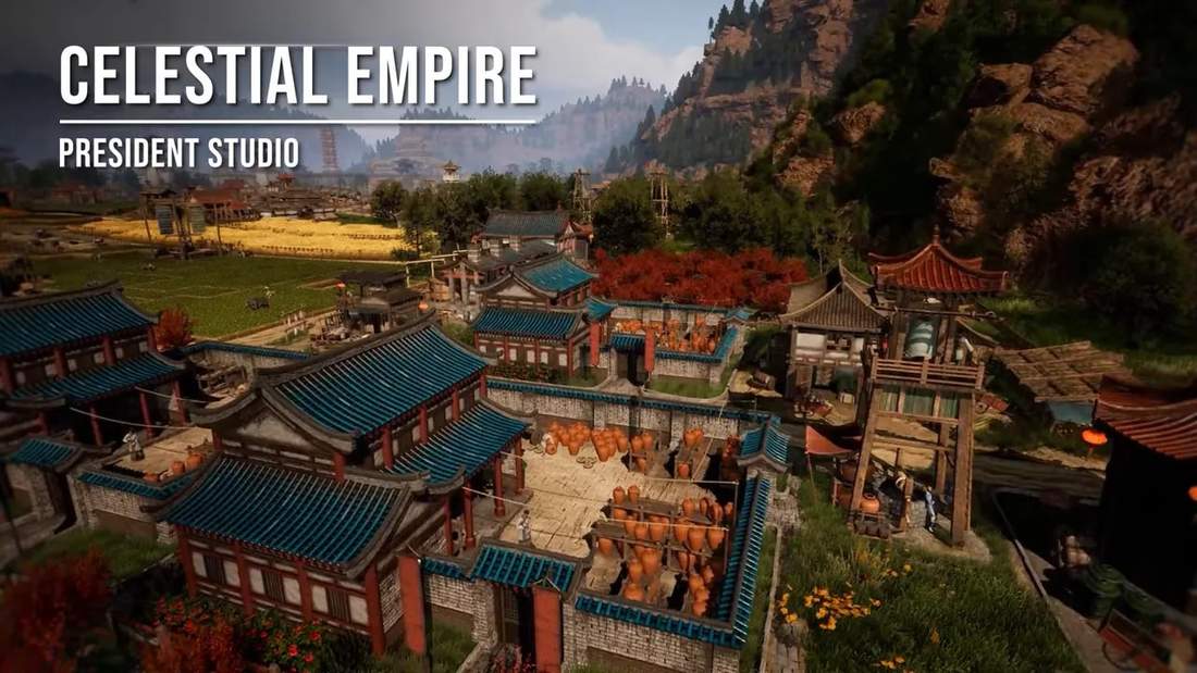 wide view of Celestial Empire town with blue-tiled roofs, farmland and distant mountains