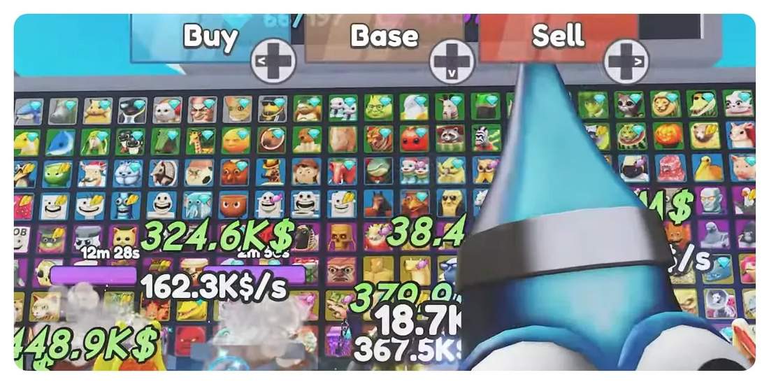 Close-up of gameplay board with a large blue pet in the foreground and many unlocked pet icons and income numbers visible behind it.