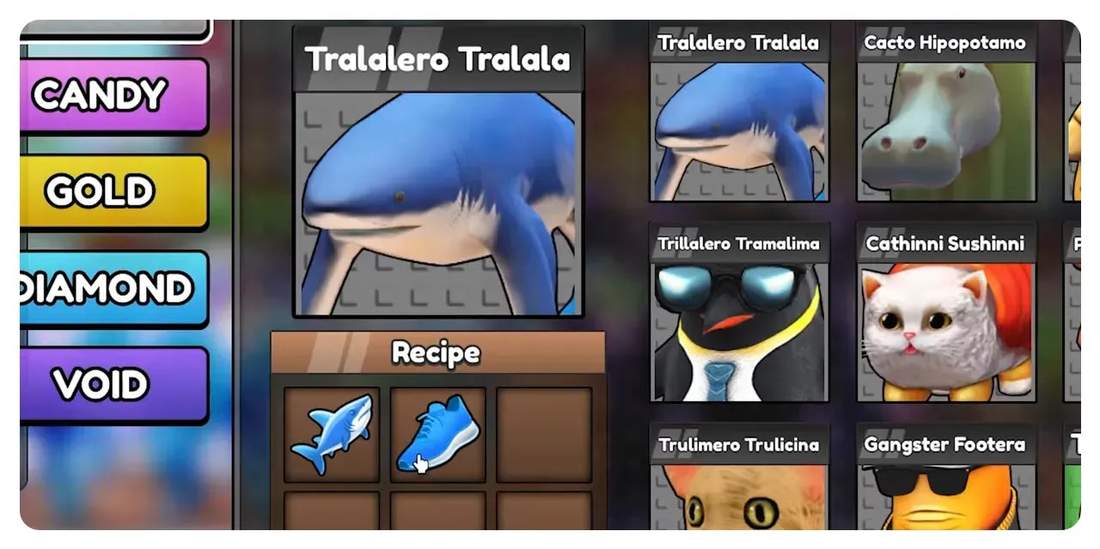 Close-up crafting UI showing a shark and a shoe in recipe slots