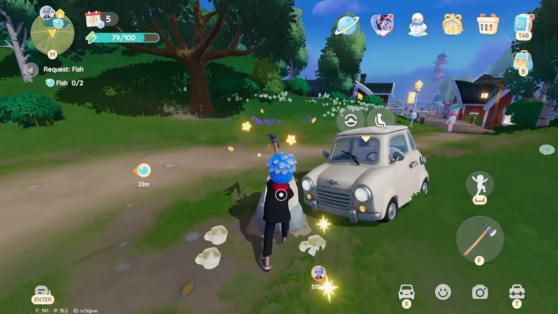 Character picking up meteor shard fragments from a smashed rock beside a car on the roadside in Heartopia.