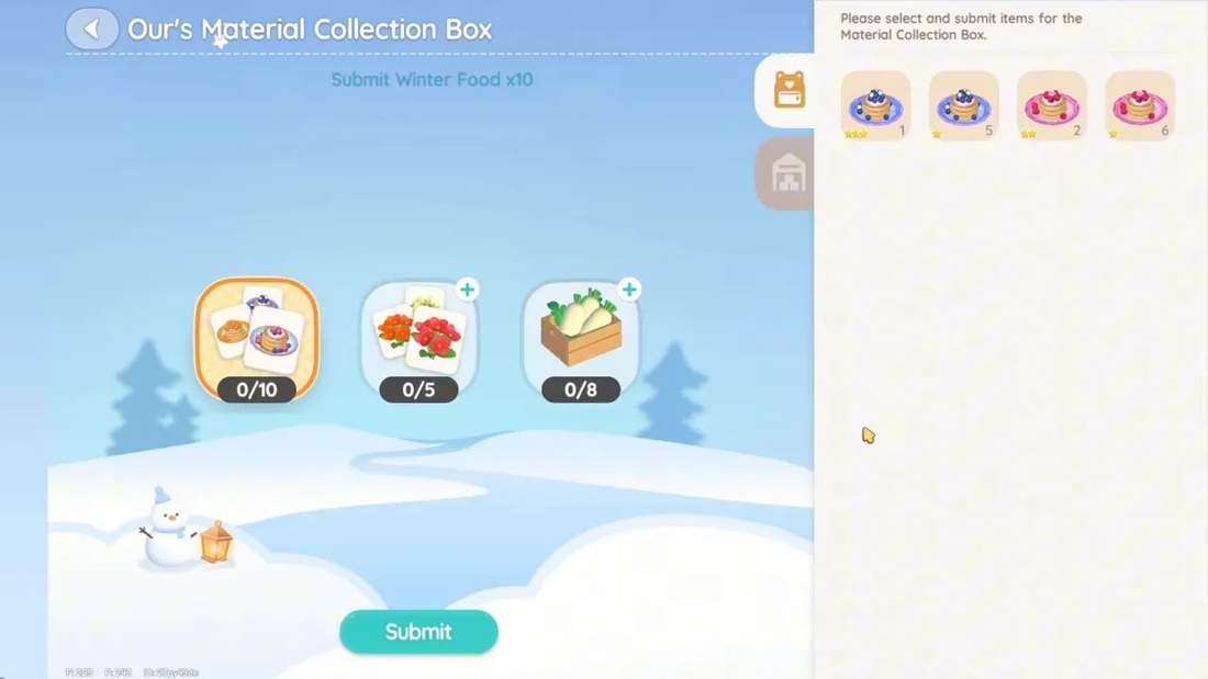 Material Collection Box UI showing three item slots (0/10, 0/5, 0/8) and a Submit button in the Winter Frost Season interface.