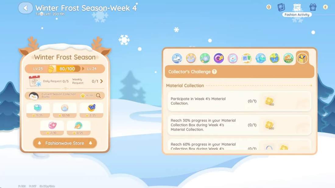 Collector's Challenge panel inside the Fashion Activity season menu showing material collection tasks and rewards.