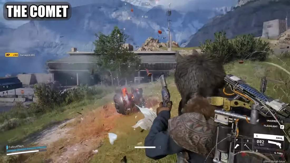 Player firing at a rolling orb (Comet) as it takes damage and ejects fragments in a grassy area.