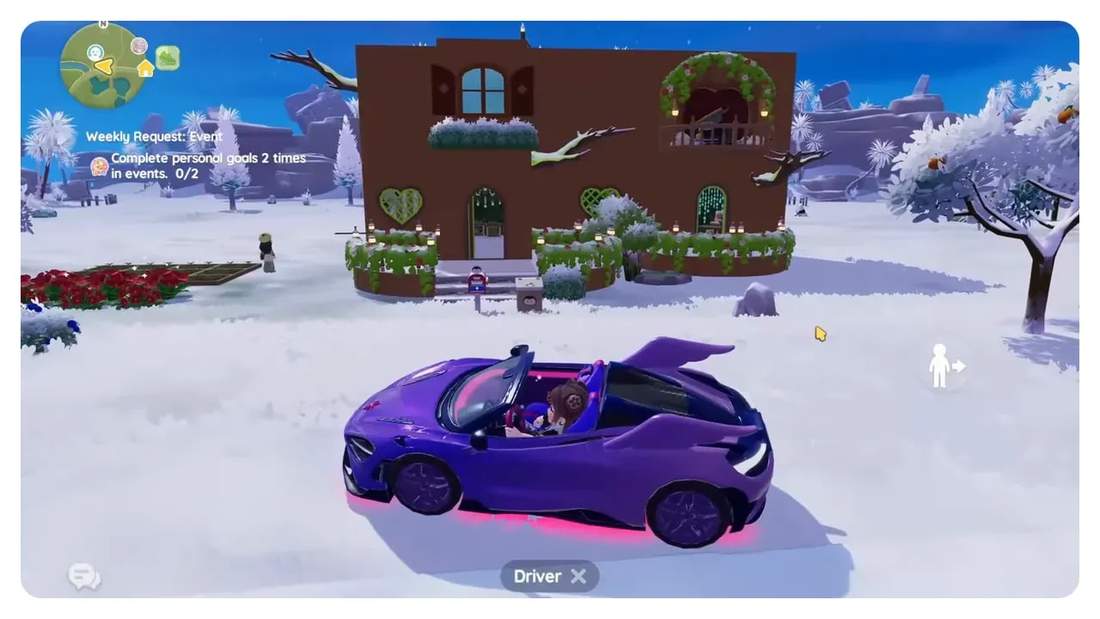 Purple convertible parked in front of a decorated brown cottage with heart-shaped windows and planter boxes in snowy Heartopia
