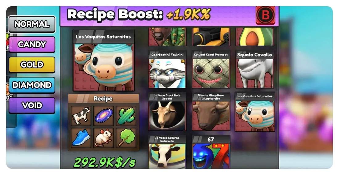 Game crafting menu showing cow brainrot icon, recipe grid and blue '67' pet icon
