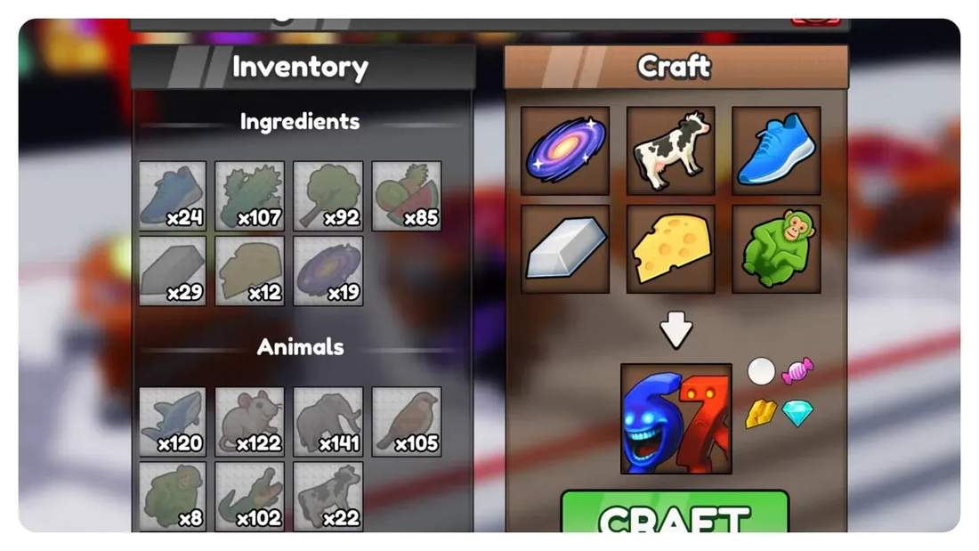 Close-up of the crafting table showing galaxy, cow, shoe, metal, cheese and monkey ingredients placed with the resulting 7-style pet preview and craft button.
