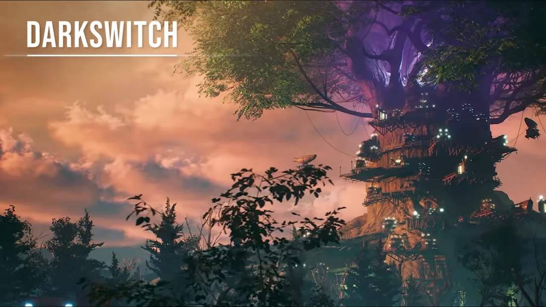 Dark Switch large living tree with layered platforms and lights, vertical settlement at sunset