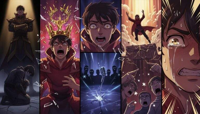 Stylized anime collage of five dramatic disrespectful moments: a character humiliated in a spotlight, a shattered crown mid-air, a dropped microphone before a stunned figure, someone falling from a pedestal, and an extreme reaction close-up with motion lines — bold colors and dynamic angles, no words.