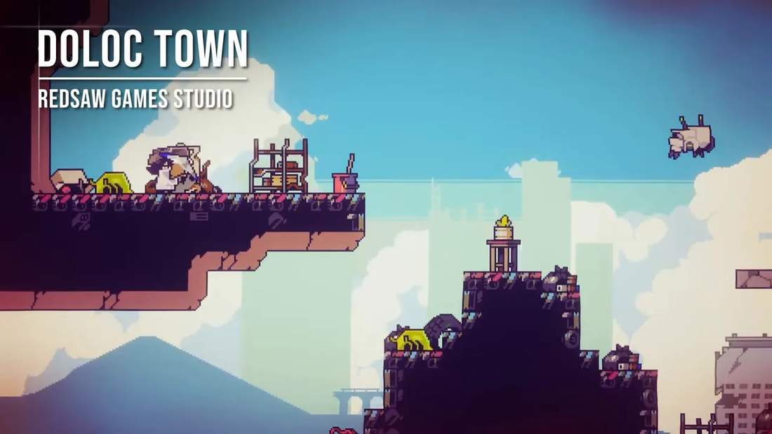 Doloc Town title over a bright pixel-art platforming scene with floating islands, small creatures and a city skyline