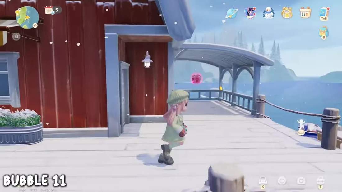 Player running on a snowy pier with a pink present bubble floating above the covered section of the East Pier in the fishing village.