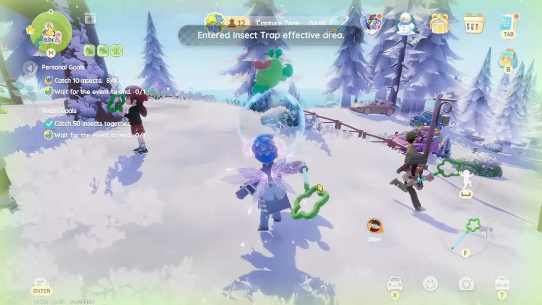 Heartopia screenshot showing 'Entered Insect Trap effective area' message and a visible attractor bubble with players nearby.