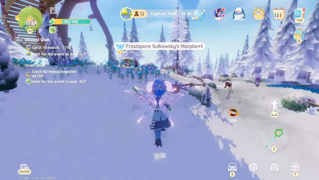 Heartopia winter event at 02:30 capture time showing players in the area, event goals, and an on-screen catch notification.