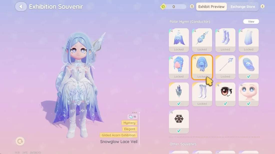 Heartopia exhibition souvenir screen showing avatar, locked items and exchange store UI