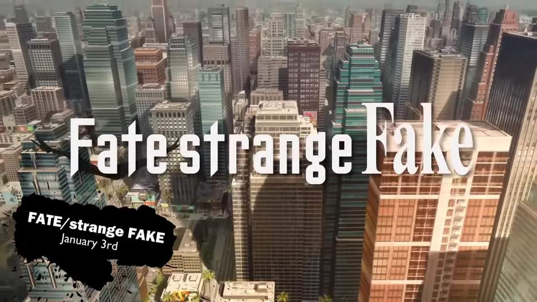 Fate Strange Fake title card over a city skyline with release blurb