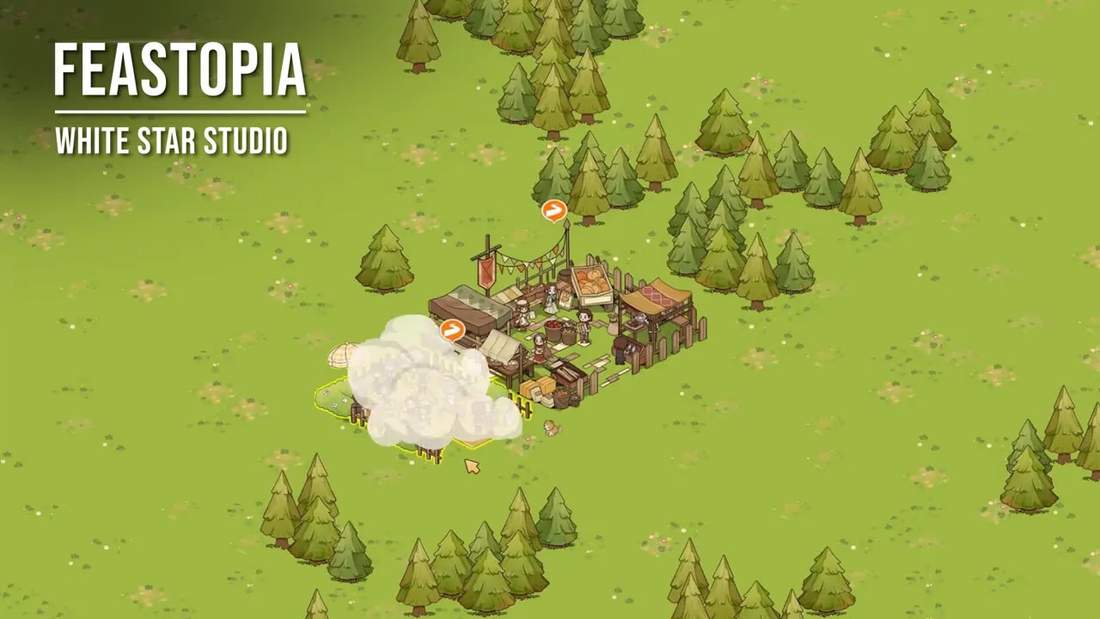 Feastopia starter camp on an open grassy map with surrounding trees (small settlement)