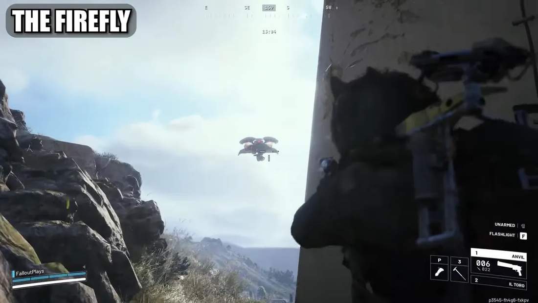 Player aiming from a rocky ledge at a distant Firefly drone in the sky with valley terrain in the background.