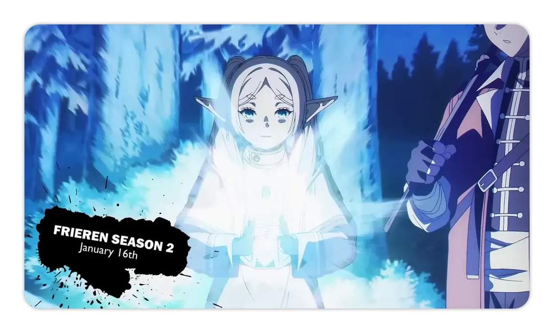 Frieren Season 2 teaser card with a character casting a glowing spell and the release date