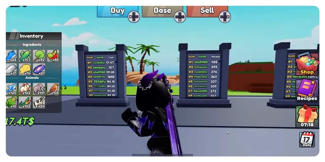 Full game HUD showing inventory, three leaderboard boards, and UI buttons (Shop, Recipes)