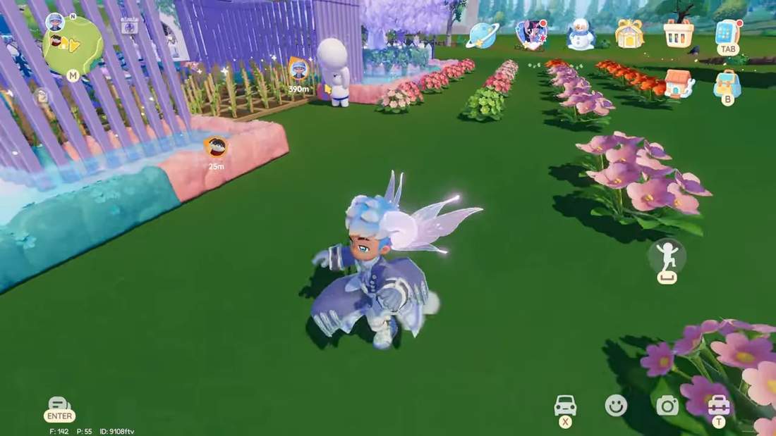 Heartopia garden plots and several rows of flowers showing crops and donation-ready items