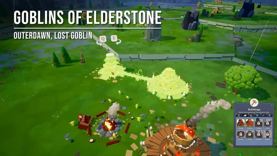 Goblins of Elderstone settlement view showing the buildings UI and green placement/highlight for structure placement