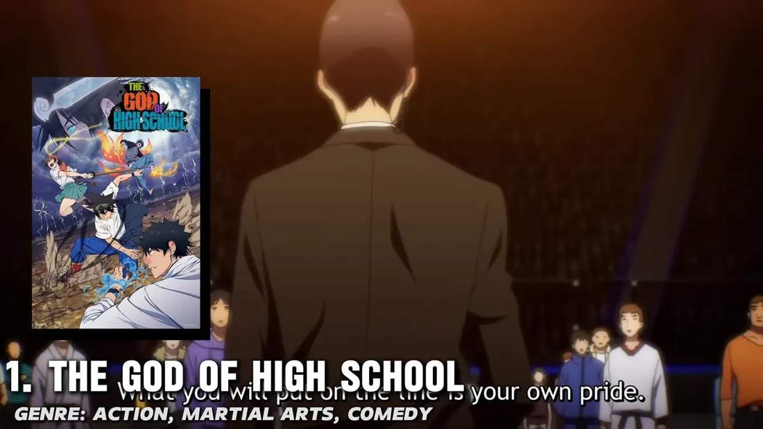 Back view of a character standing before an arena crowd with 'The God of High School' title and poster inset