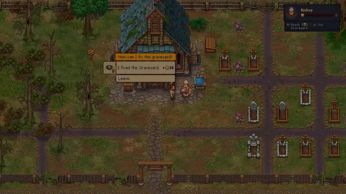 Top-down pixel-art graveyard outside a small chapel with a dialog box reading 'How can I fix the graveyard?'
