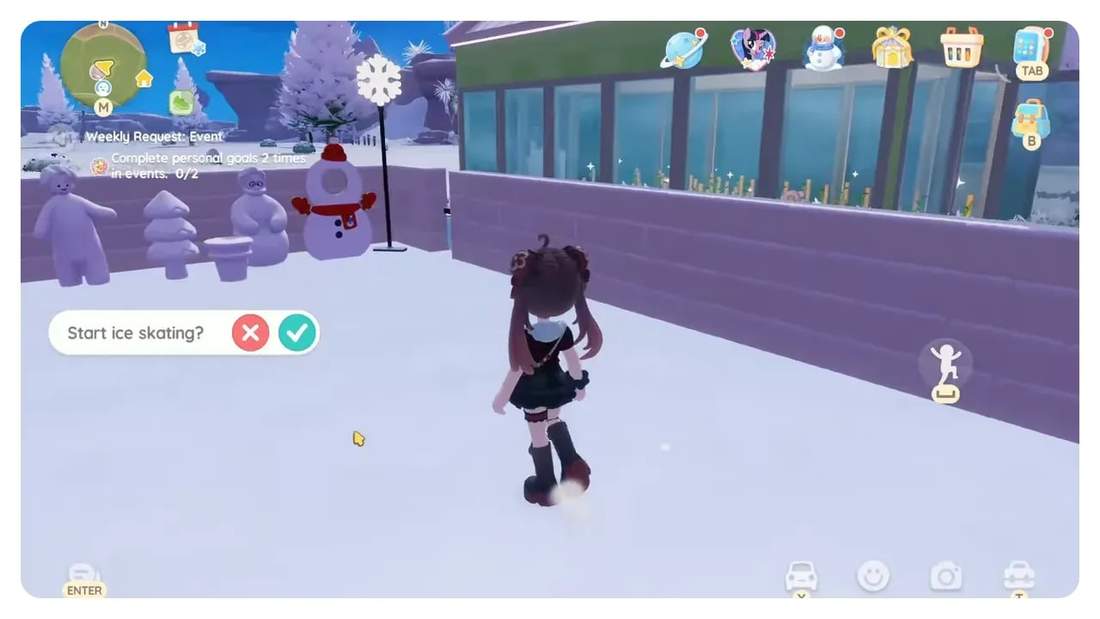 Player avatar near a greenhouse and snowy backyard with snow sculptures and a 'Start ice skating?' prompt in Heartopia.