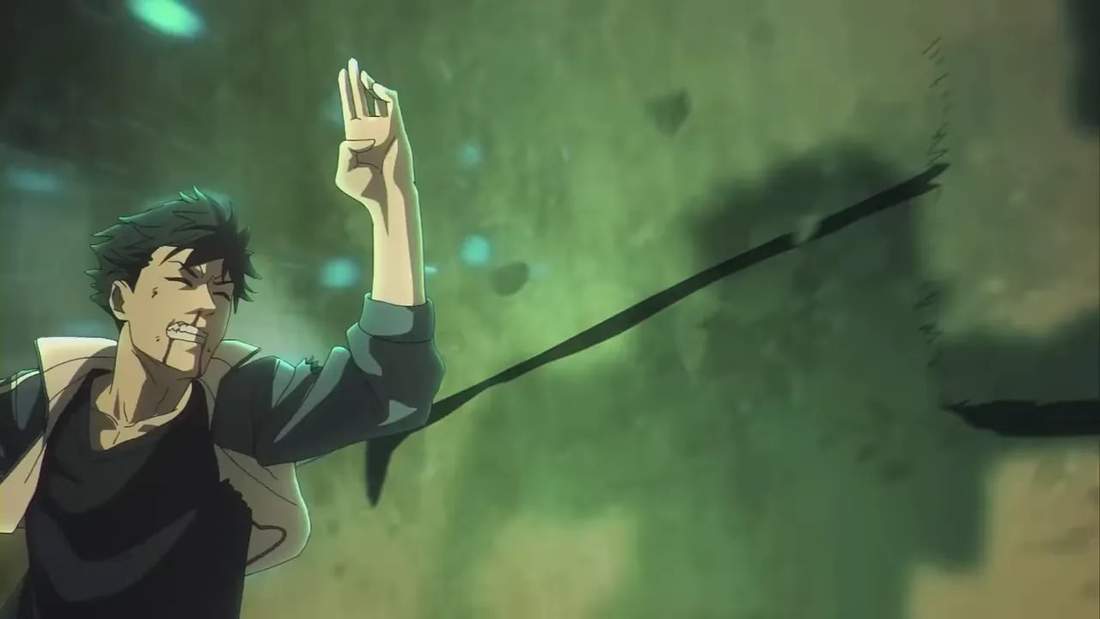 Male character grimacing and thrown back against a green-tinted wall, conveying impact and motion