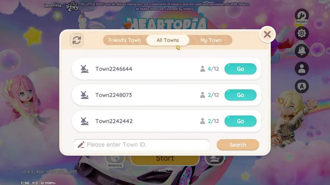 All Towns server list menu in Heartopia showing town IDs, occupancy counts and Go buttons for quick travel