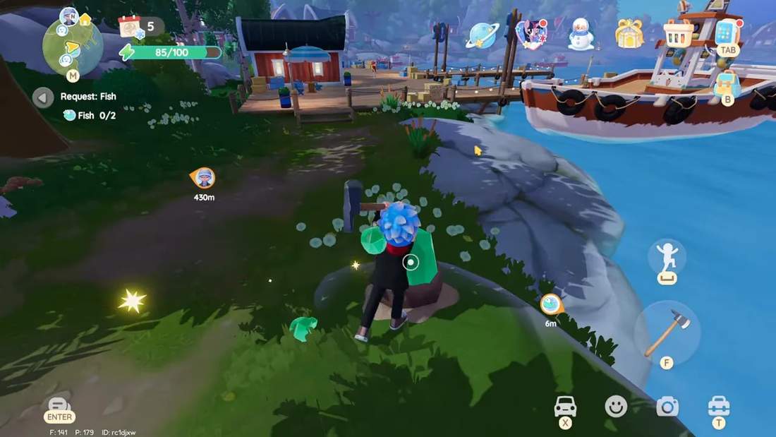 Player character actively picking up a green meteor shard on a rocky patch next to the fishing docks in Heartopia.