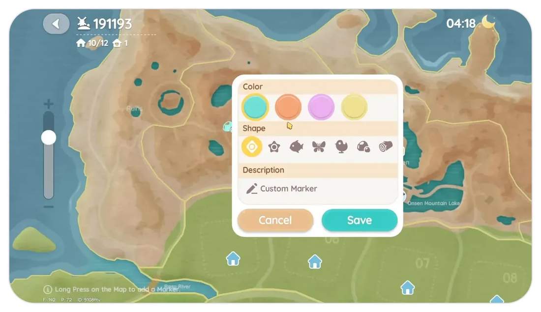 Heartopia custom marker menu showing color and shape options with Cancel and Save buttons
