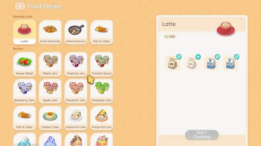 Heartopia food recipe menu showing Latte and a grid of jam recipes including Tomato Sauce