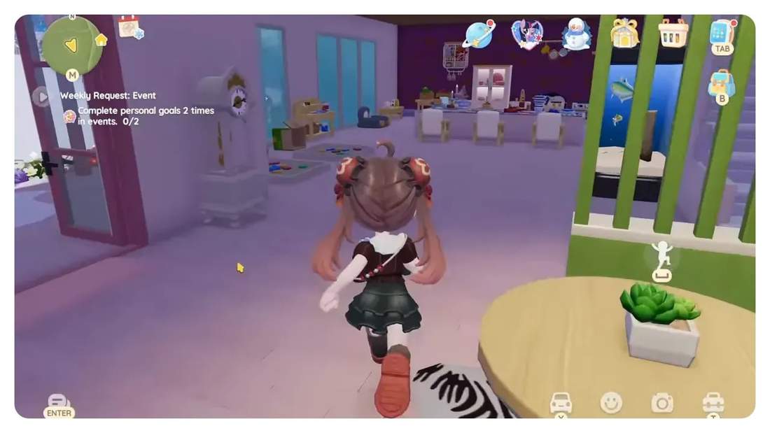 Open-plan Heartopia interior showing a kitchen/dining island and stools in a compact layout