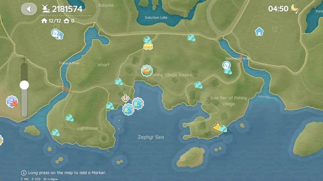 Heartopia map showing lighthouse area with shard icons near bottom-left cliff