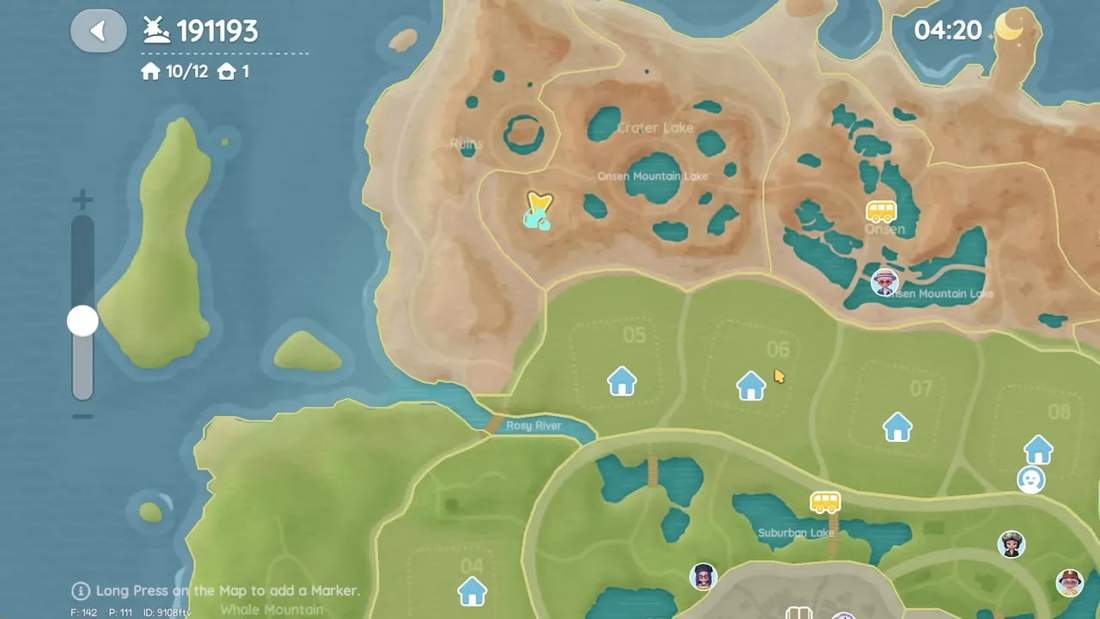 Heartopia world map showing player house plots, icons and the on-screen hint 'Long Press on the Map to add a Marker'.