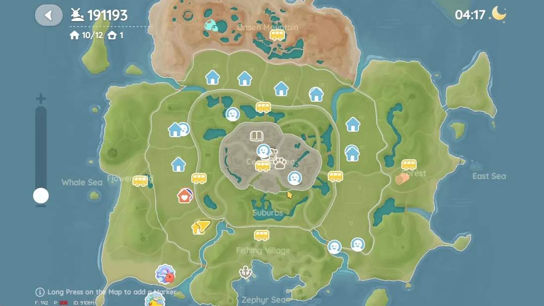 Heartopia in-game world map showing central town, player houses, bus icons and waypoints