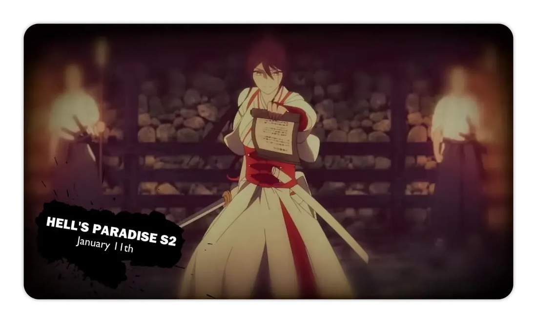 Hell's Paradise season 2 promotional screenshot showing a shrine-like character holding a scroll and swords with 'HELL'S PARADISE S2' overlay.