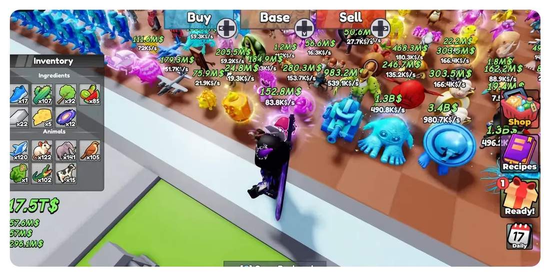 Angled top view showing rows of pets with green income numbers and the inventory panel visible.