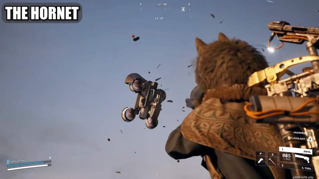 Third-person close view of the player firing at a Hornet drone with visible turbine pods and debris in the air.