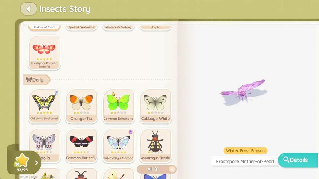 Insects Story screen with a clear left-hand grid of insect cards, a visible star progress badge (92/95), and a large purple Frostspore Mother-of-Pearl model on the right with the 'Details' button.
